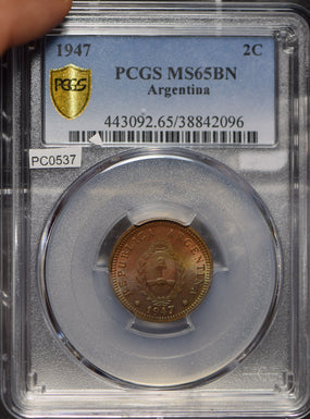 Argentina 1947 2 Centavos PCGS MS65BN incandescent purple PC0537 combine shippin