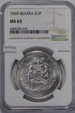 Biafra 1969 Pound silver NGC MS65 strong die polish, not hairlines, rare in this