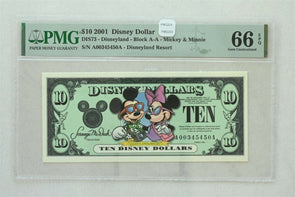 Disney Dollar 2001 $10 PMG Gem UNC 66EPQ DIS73. Mickey & Minnie. Disneyland Res