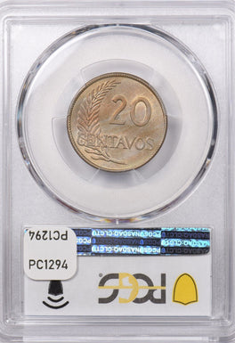 Peru 1921 20 Centavos PCGS MS 64 Color Toning PC1294 combine shipping