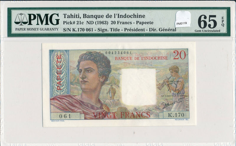 PM0119 Tahiti 1963 20 Francs PMG UNC 65 EPQ #21c Papeete combine shipping
