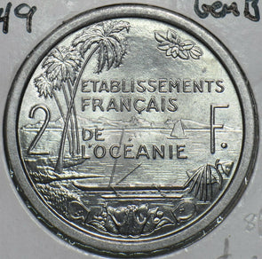 French Polynesia 1949 2 Francs Gem BU Oceania 297881 combine shipping