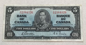 Canada 1937 5 Dollars Ch AU $5 notes. Gordon/Towers RC0353 combine shipping