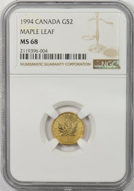 Canada 1994 2 Dollars gold NGC MS68 1/15oz gold. Maple leaf NG1137 combine shipp