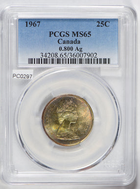 Canada 1967 25 Cents silver PCGS MS65 stunning blue golden toning PC0297 combine