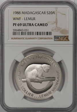 Madagascar 1988 20 Ariary silver Lemur animal NGC PF69UC WWF NG1319 combine ship