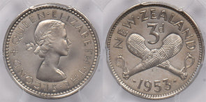 New Zealand 1953 3 Pence PCGS PR 67DCAM KM-25.1, Finest Known, 0 Graded Higher P