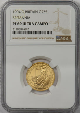 Great Britain 1994 25 Pounds gold NGC Proof 69 Ultra Cameo 0.25oz gold. Britanni