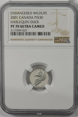 Canada 2001 30 Dollars platinum Harlequin duck animal NGC Proof 70 Ultra Cameo 0