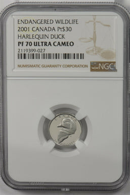 Canada 2001 30 Dollars platinum Harlequin duck animal NGC Proof 70 Ultra Cameo 0