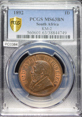 South Africa 1892 Penny PCGS MS63BN lustrous PC0384 combine shipping