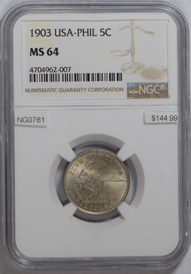 Philippines 1903 5 Centavos NGC MS64 rare grade NG0761 combine shipping