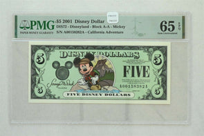 Disney Dollar 2001 $5 PMG Gem UNC 65EPQ DIS72. California Adventure PM0205 comb