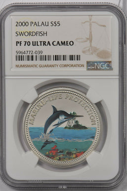 Palau 2000 5 Dollars silver NGC Proof 70UC Sword Fish Perfect 70 NG1429 combine