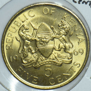 Kenya 1969 Mzeejomo Kenyatta 5 Cents Lions animal First President Of Kenya 19153