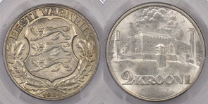 Estonia 1930 2 Krooni PCGS MS 64 Toompea Fortress KM-20 PC1459 combine shipping