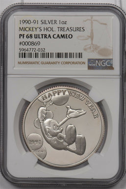 1990 ~91 silver NGC PF 68UC Mickey's Hol. Treasures 1Oz Silver NG1380 combine