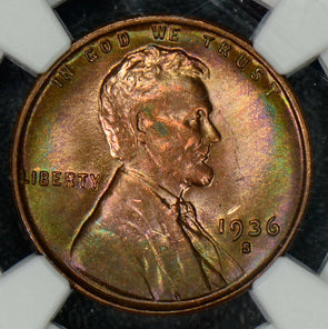 1936 S Lincon Cent NGC MS 64 RB green purple toning georgeous NG0267