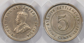Straits Settlements 1920 5 Cents PCGS MS 62 Cu-Ni rare condition PC1269 combine