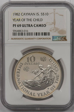 Cayman Islands 1982 10 Dollars silver NGC PF 69UC Year of the Child NG1328 combi