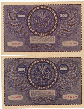 RC0240 Poland 1919 1000 Marek Polskich 2 notes xf combine shipping