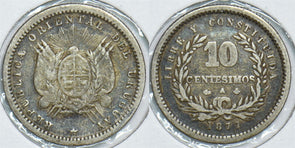 Uruguay 1877 10 Centesimos VF, Silver 198530 combine shipping