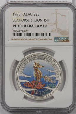 Palau 1995 5 Dollars silver NGC Proof 70UC Seahorse & Lion Fish Perfect 70 NG143