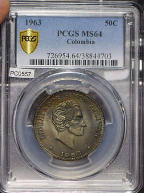 Colombia 1963 50 Centavos Eagle animal PCGS MS64 lustrous underneath toning PC05