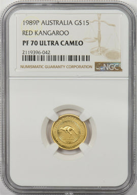 Australia 1989 P 15 Dollars gold Red kangaroo animal NGC Proof 70 Ultra Cameo 0.