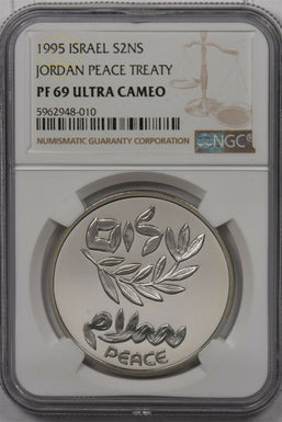 Israel 1995 2 New Sheqalim silver NGC Proof 69UC Jordan Peace Treaty NG1516 comb