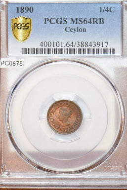 Ceylon 1890 1/4 Cent PCGS MS64RD rare in red PC0875 combine shipping