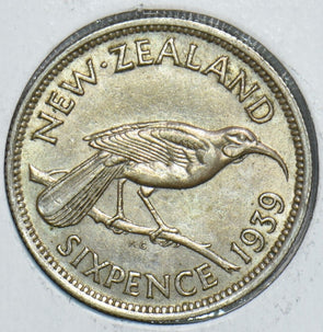 New Zealand 1939 6 Pence Silver Huia bird 491552 combine shipping