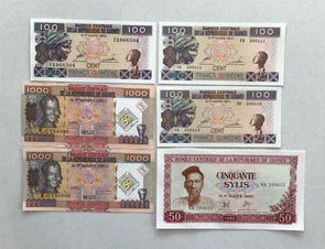 Guinea 1980~2010 50 Sylis~1000 Francs Assortment of 6 notes Ch CU,-,Ch CU RC0341