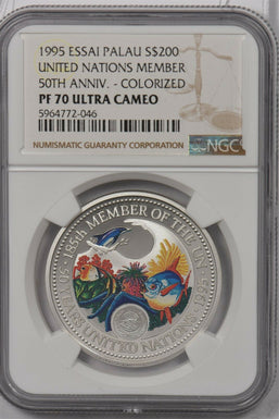 Palau 1995 200 Dollars silver NGC Proof 70UC Essai United Nations Member 50th An