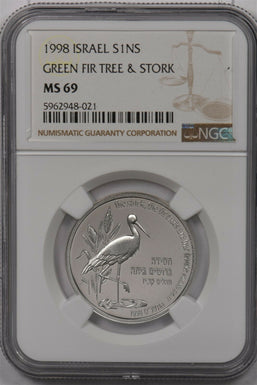 Israel 1998 New Sheqel silver NGC MS 69 Green Fir Tree & Stork NG1519 combine sh