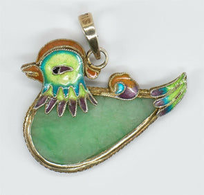 Jadeite Vintage Bird Enameled Pendant GP0018