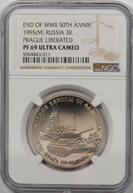 Russia 1995 M 3 Roubles NGC PF69UC Prague liberated. End of WWII 50th Anniv. NG1
