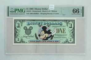 Disney Dollar 1998 Dollar PMG Gem UNC 66EPQ DIS53. Mickey. Sleeping Beauty's Ca