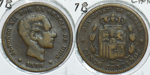 Spain 1878 5 Centimos Choice VF 198401 combine shipping