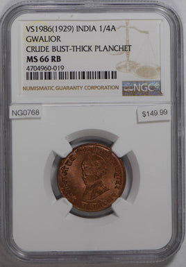 Princely States India 1929 VS1986 1/4 Anna NGC MS66RB crude bust-trhick planchet