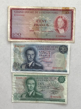 Luxembourg 1967, 1966, 1963 10 Francs, 20 Francs, 100 Francs unc~CRC Lot of 3 RC
