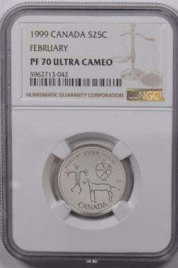 Canada 1999 25 Cents Silver NGC Proof 70 Ultra Cameo February Perfect 70 NG1586