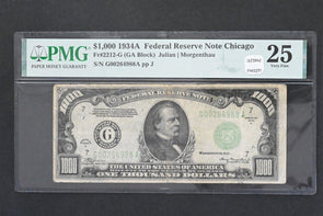 US 1934 A $1000 PMG Very Fine 25 Federal Reserve Notes Chicago Fr#2212-G Julian