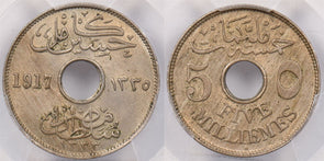 Egypt 1917 -H AH 1335 5 Milliemes PCGS MS 64 KM-315 PC1286 combine shipping
