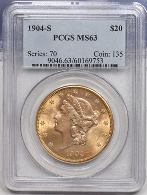 1904--S $20 Liberty Head Gold Double Eagle PCGS MS63 blasting luster old holder