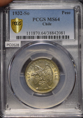 Chile 1932 So Peso  Defiant Condor animal PCGS MS64 PC0528 combine shipping