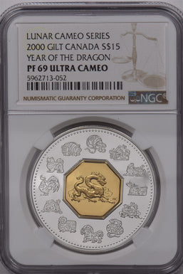 Canada 2000 15 Dollars Silver NGC Proof 69 Ultra Cameo Lunar Cameo Series Gilt Y