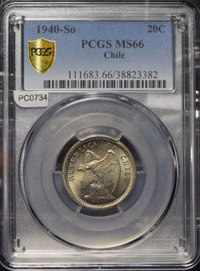 Chile 1940 20 Centavos Andean Condor animal PCGS MS66 PC0734 combine shipping