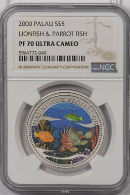 Palau 2000 5 Dollars silver NGC Proof 70UC Lion Fish & Parrot Fish Perfect 70 NG