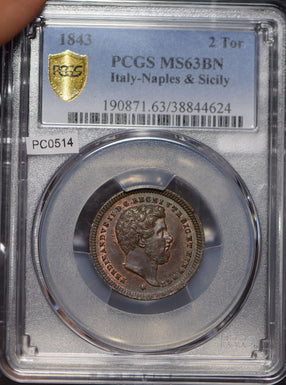 Italian States 1843 2 Tornesi PCGS MS63BN PC0514 combine shipping